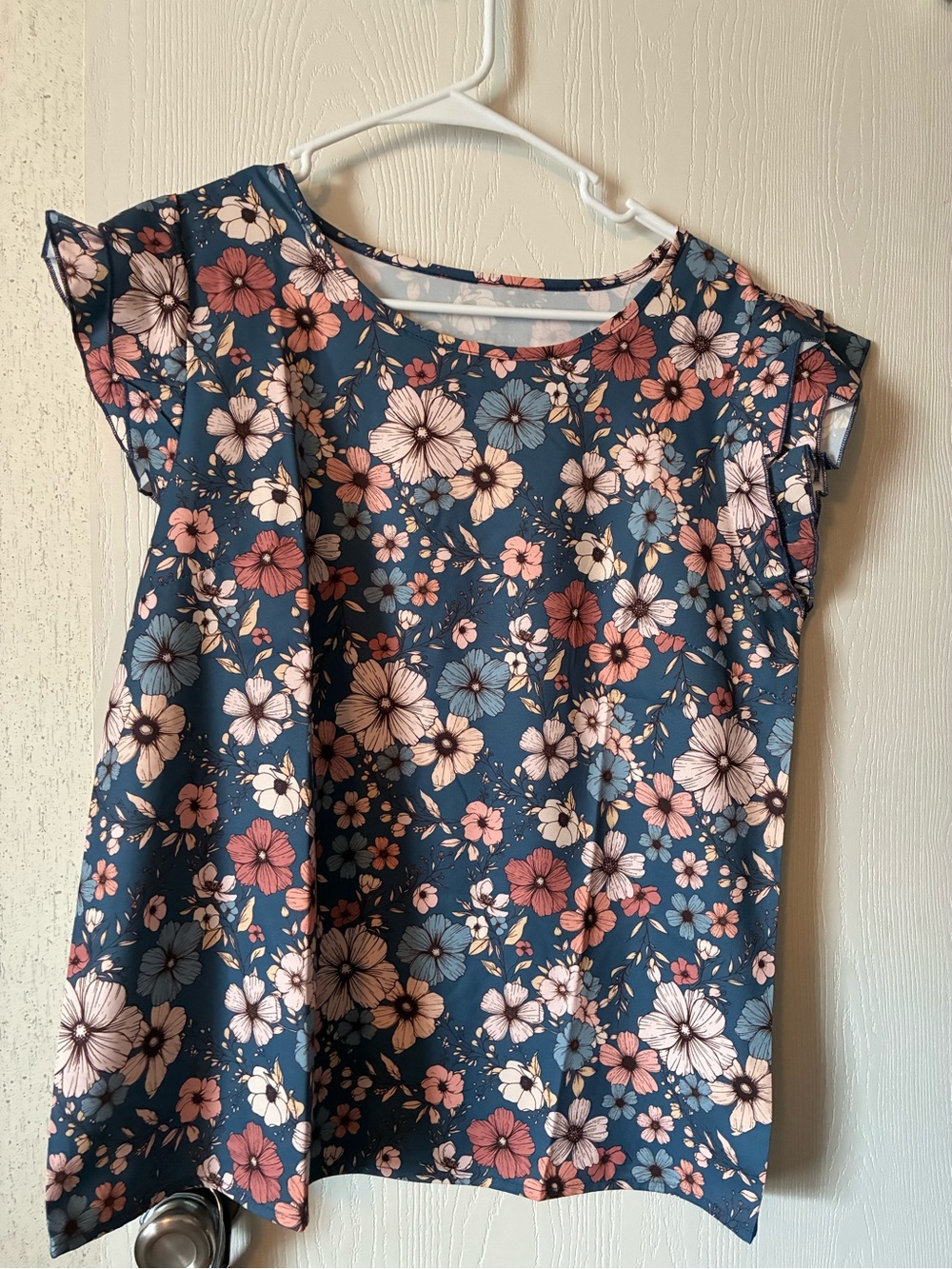 Floral Cap Sleeve Top in Teal with Pink & Cream Flowers